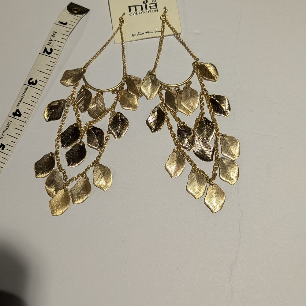 Mia Collection Gold Tone Leaf Shaped 6" Dangle Earrings - New